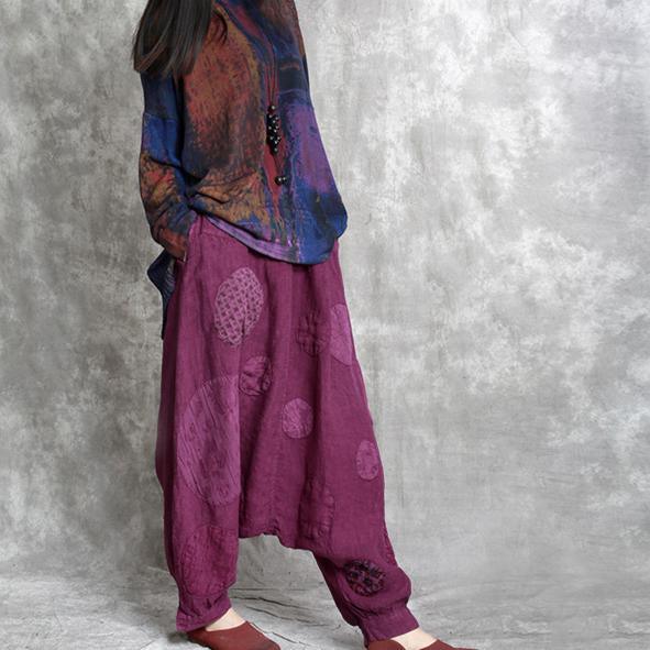 purple vintage linen casual harem pants plus size applique trousers - Omychic