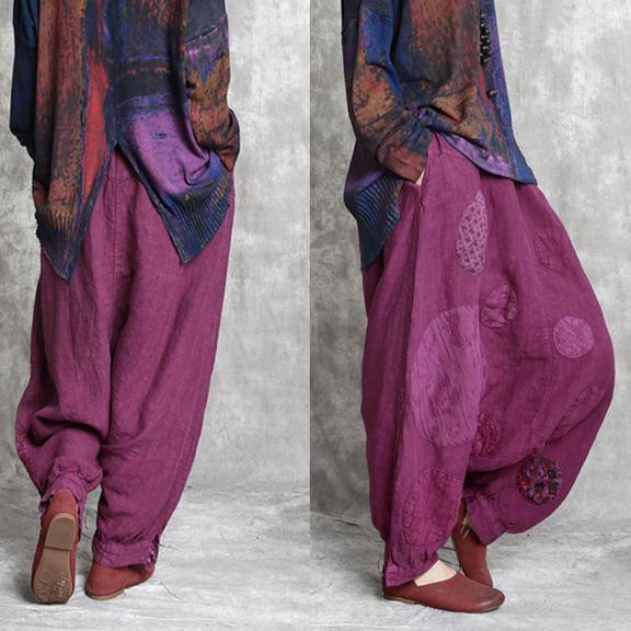 purple vintage linen casual harem pants plus size applique trousers - Omychic