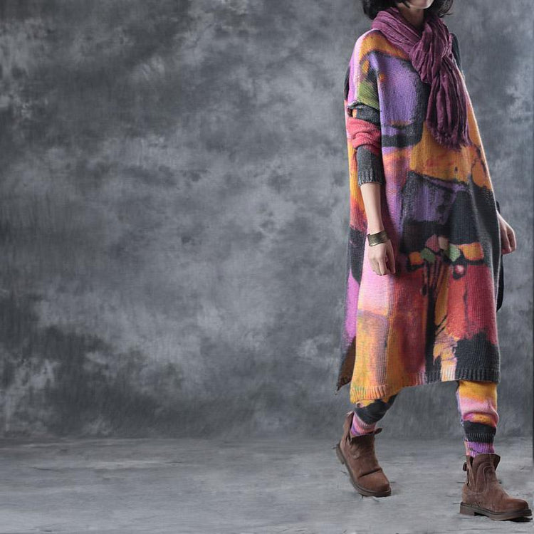 purple yellow prints woolen sweater and casual elastic waist knit pants two pieces - Omychic