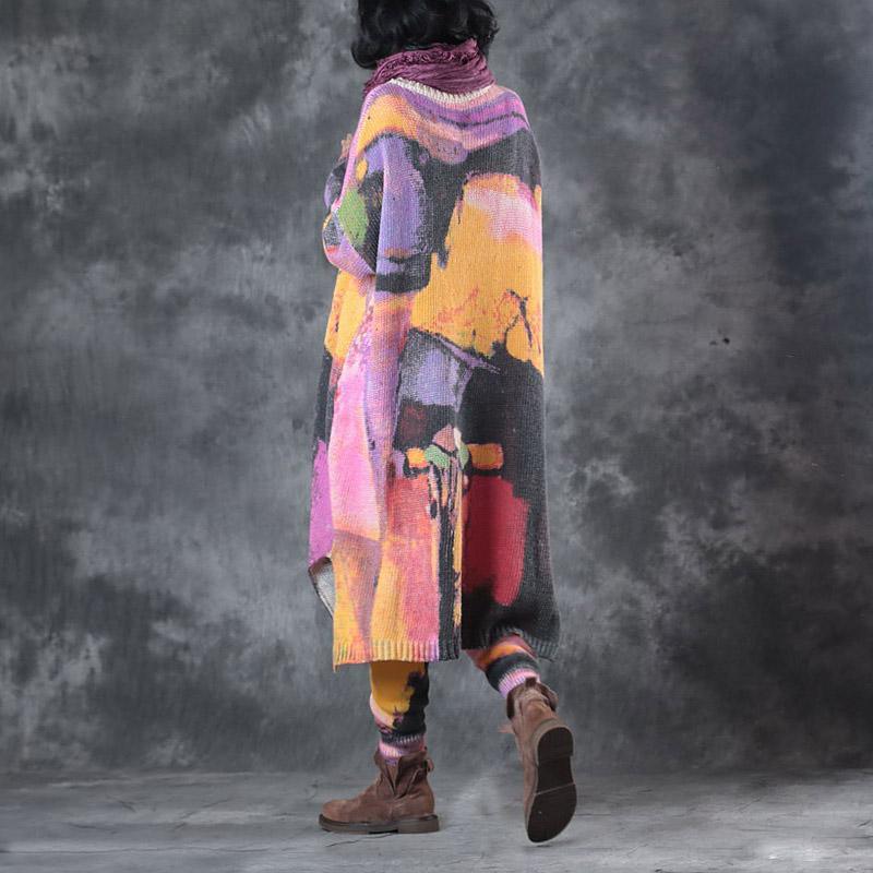 purple yellow prints woolen sweater and casual elastic waist knit pants two pieces - Omychic