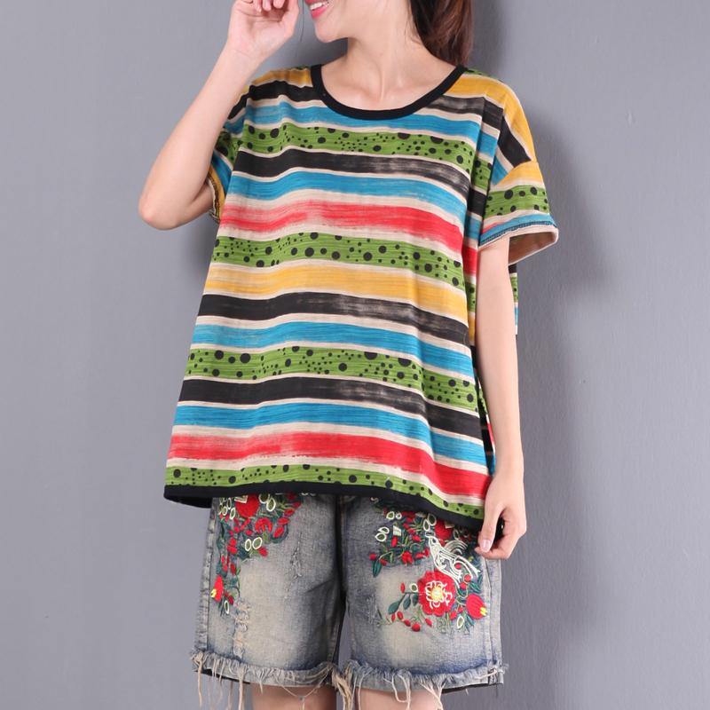 rainbow striped cotton tops baggy loose cute pullover short sleeve t shirt - Omychic