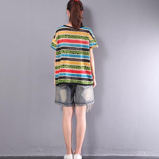rainbow striped cotton tops baggy loose cute pullover short sleeve t shirt - Omychic