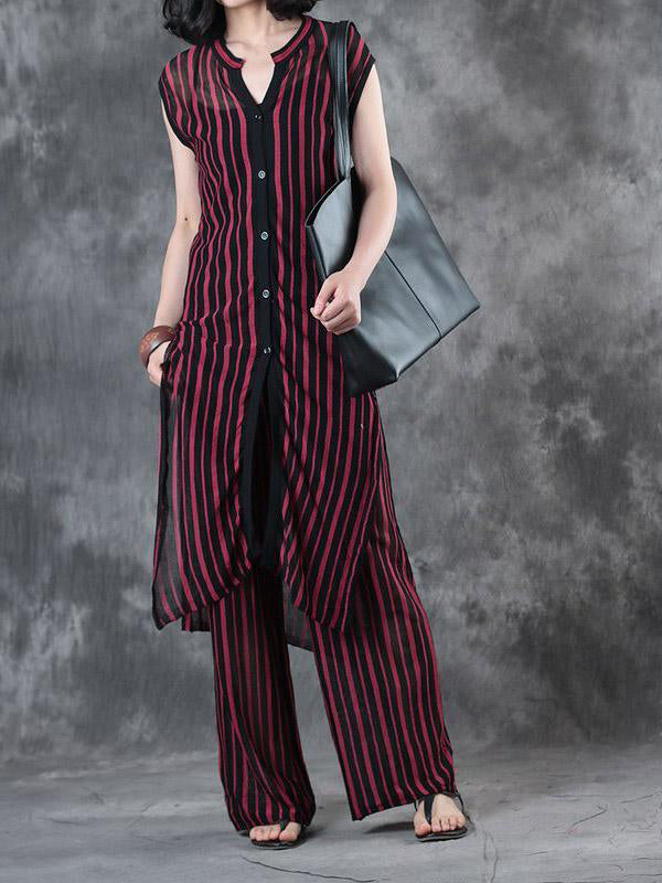 red black striped summer knit caridigans and casual elastic waist trousers two pieces