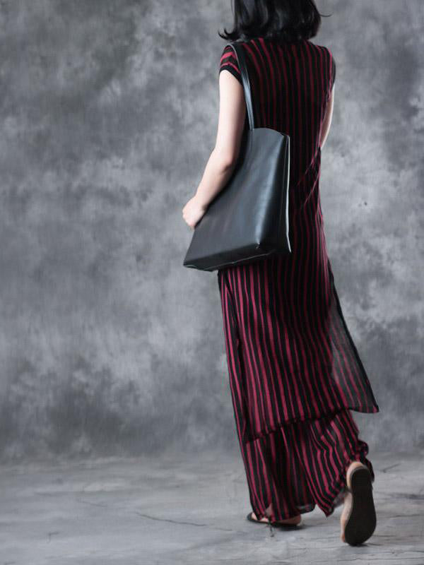 red black striped summer knit caridigans and casual elastic waist trousers two pieces