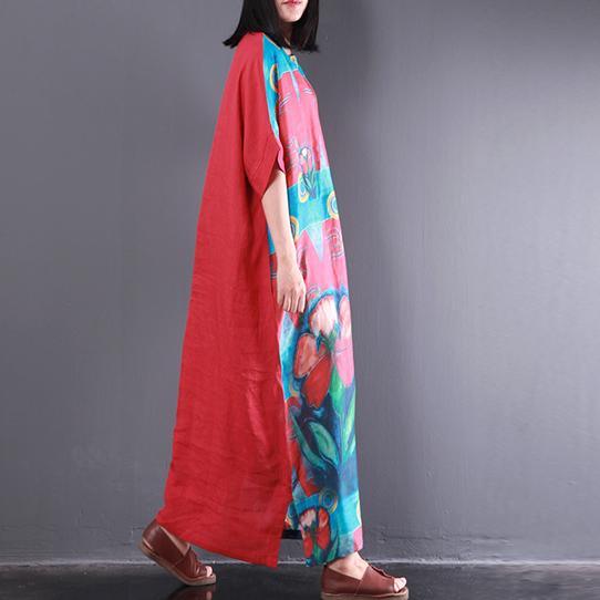 red blue print unique linen dresses plus size patchwork sundress short sleeve maxi dress - Omychic