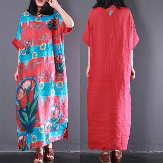 red blue print unique linen dresses plus size patchwork sundress short sleeve maxi dress - Omychic