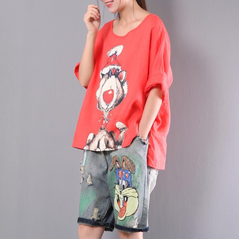 red  cartoon  casual cotton blouse oversize stylish tops short sleeve t shirt - Omychic