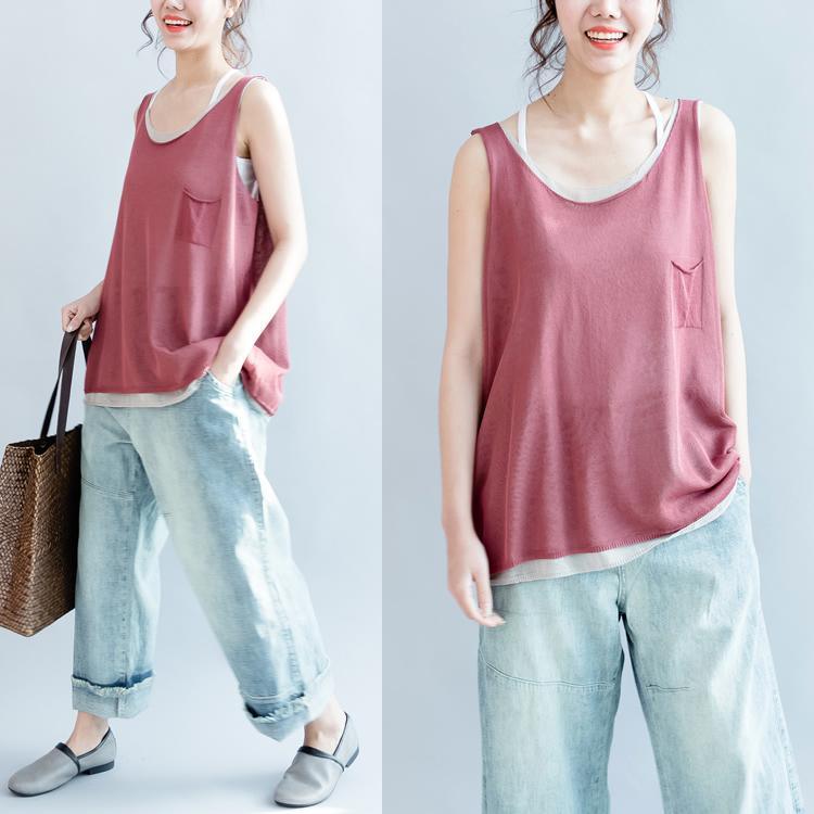 red casual blouse loose sleeveless layered knit tank top - Omychic