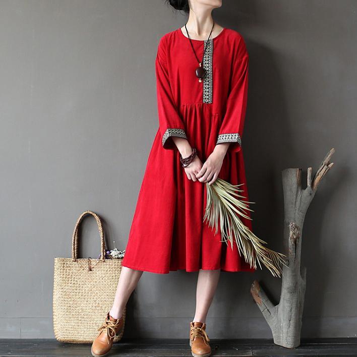 red casual cotton dresses plus size corduroy patchwork long sleeve maxi dresses - Omychic