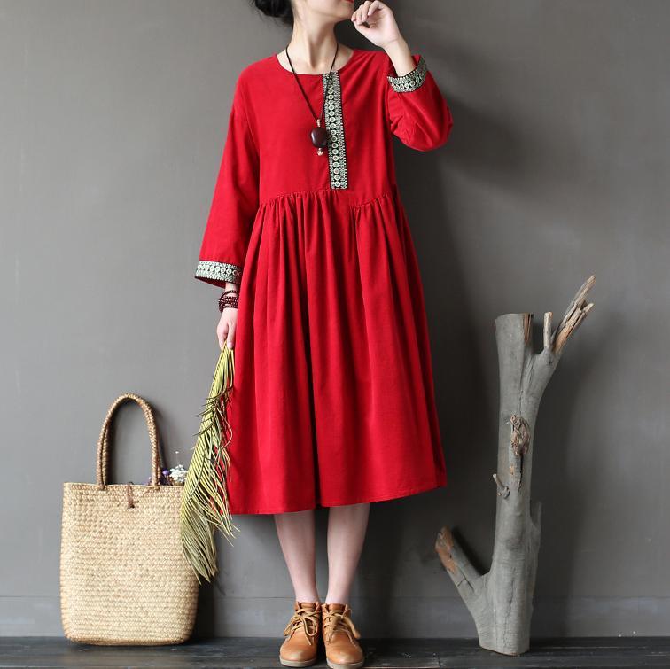 red casual cotton dresses plus size corduroy patchwork long sleeve maxi dresses - Omychic