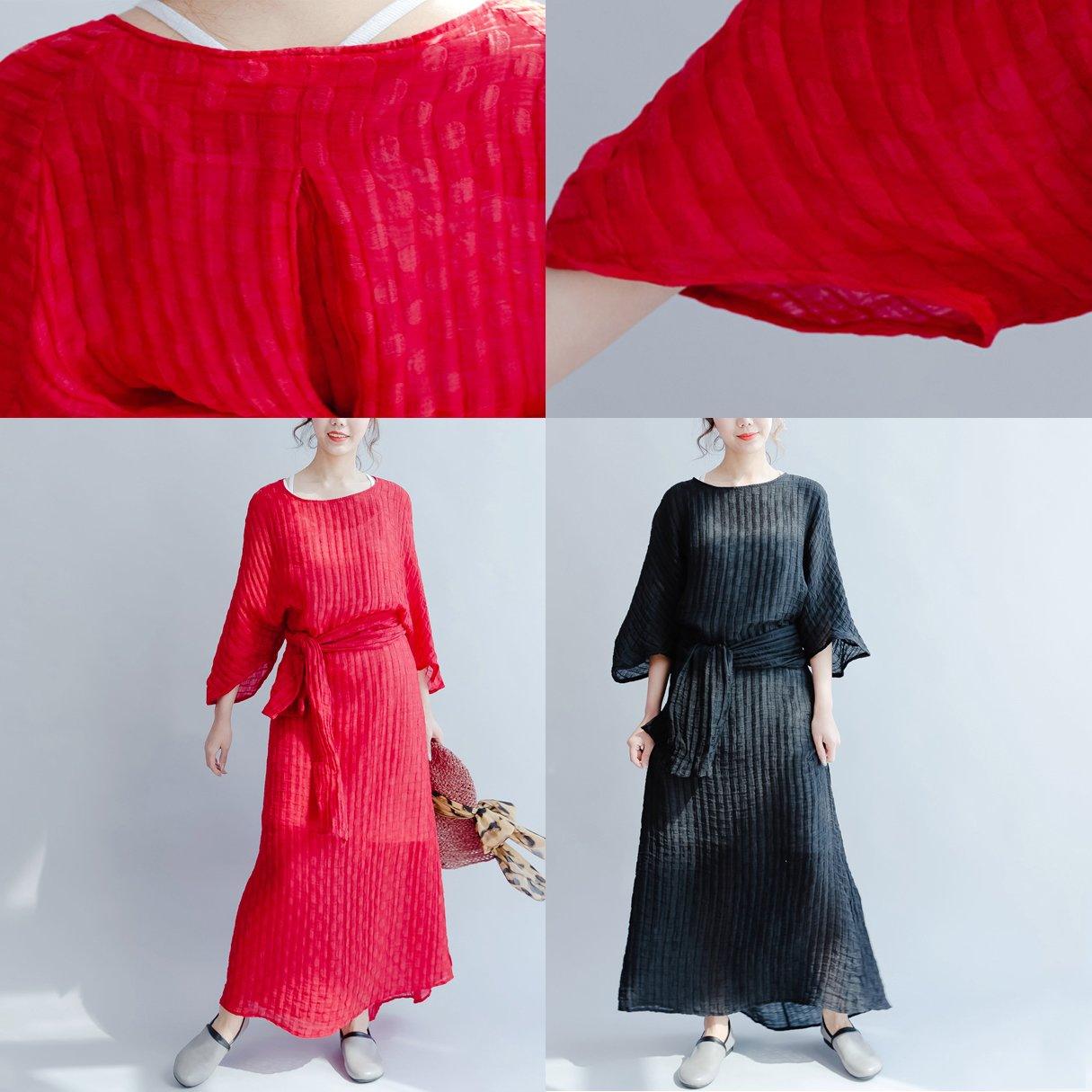Red Casual Drawstring Maxi Dress Oversize Sundress O Neck Elegant Linen Tulle Sundress - Omychic