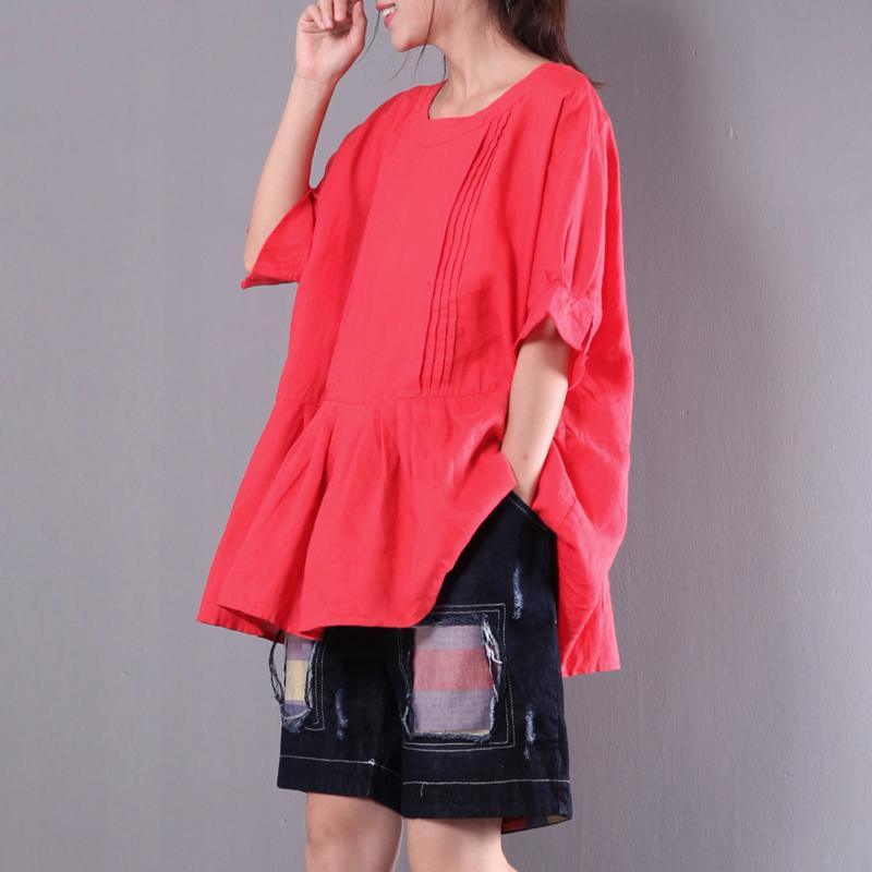 red casual linen tops ruffles oversize blouse short sleeve t shirt - Omychic