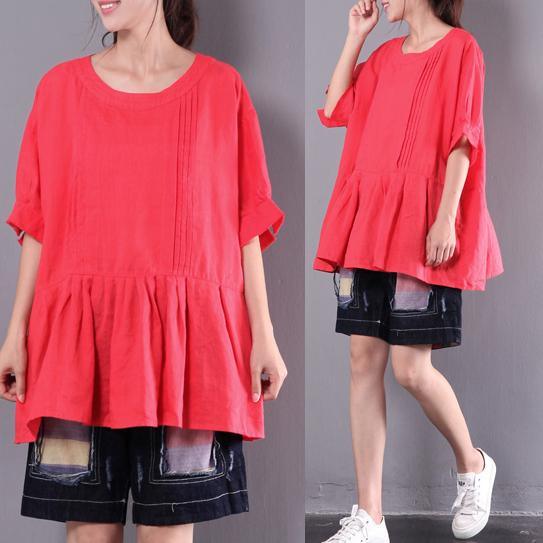 red casual linen tops ruffles oversize blouse short sleeve t shirt - Omychic