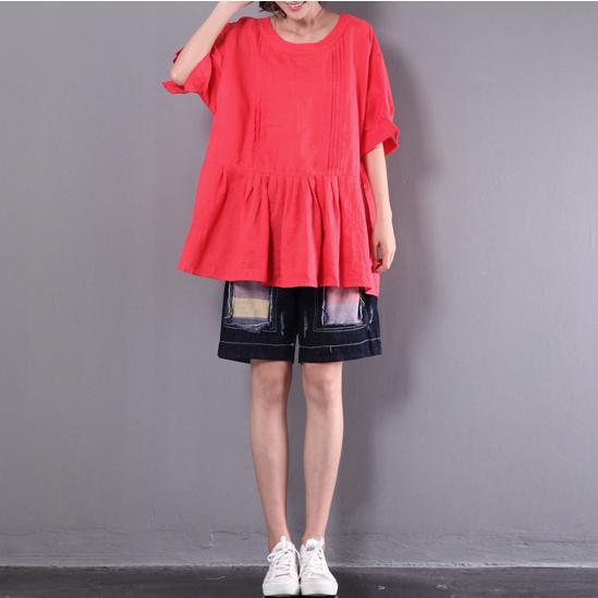 red casual linen tops ruffles oversize blouse short sleeve t shirt - Omychic