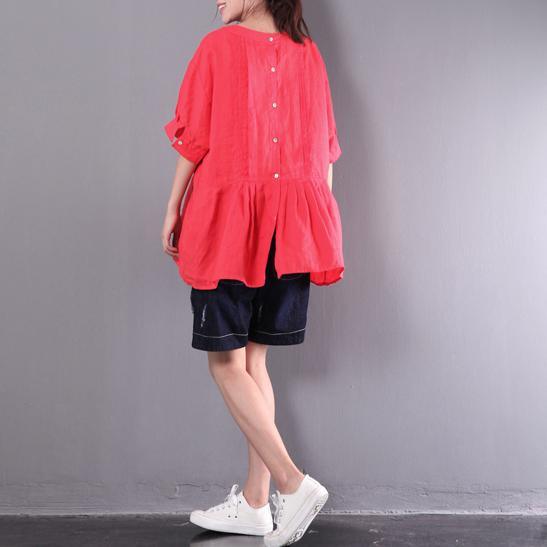 red casual linen tops ruffles oversize blouse short sleeve t shirt - Omychic