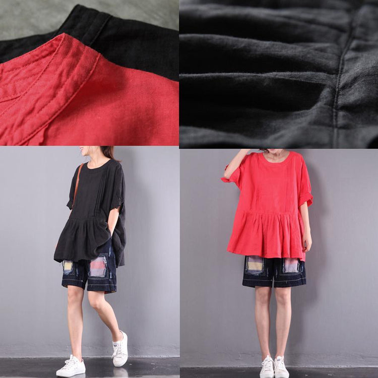 red casual linen tops ruffles oversize blouse short sleeve t shirt - Omychic