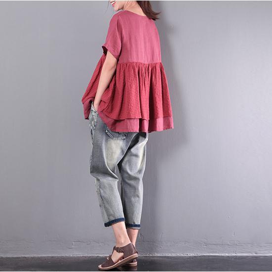 red casual patchwork tops oversize cotton blouse o neck t shirt - Omychic
