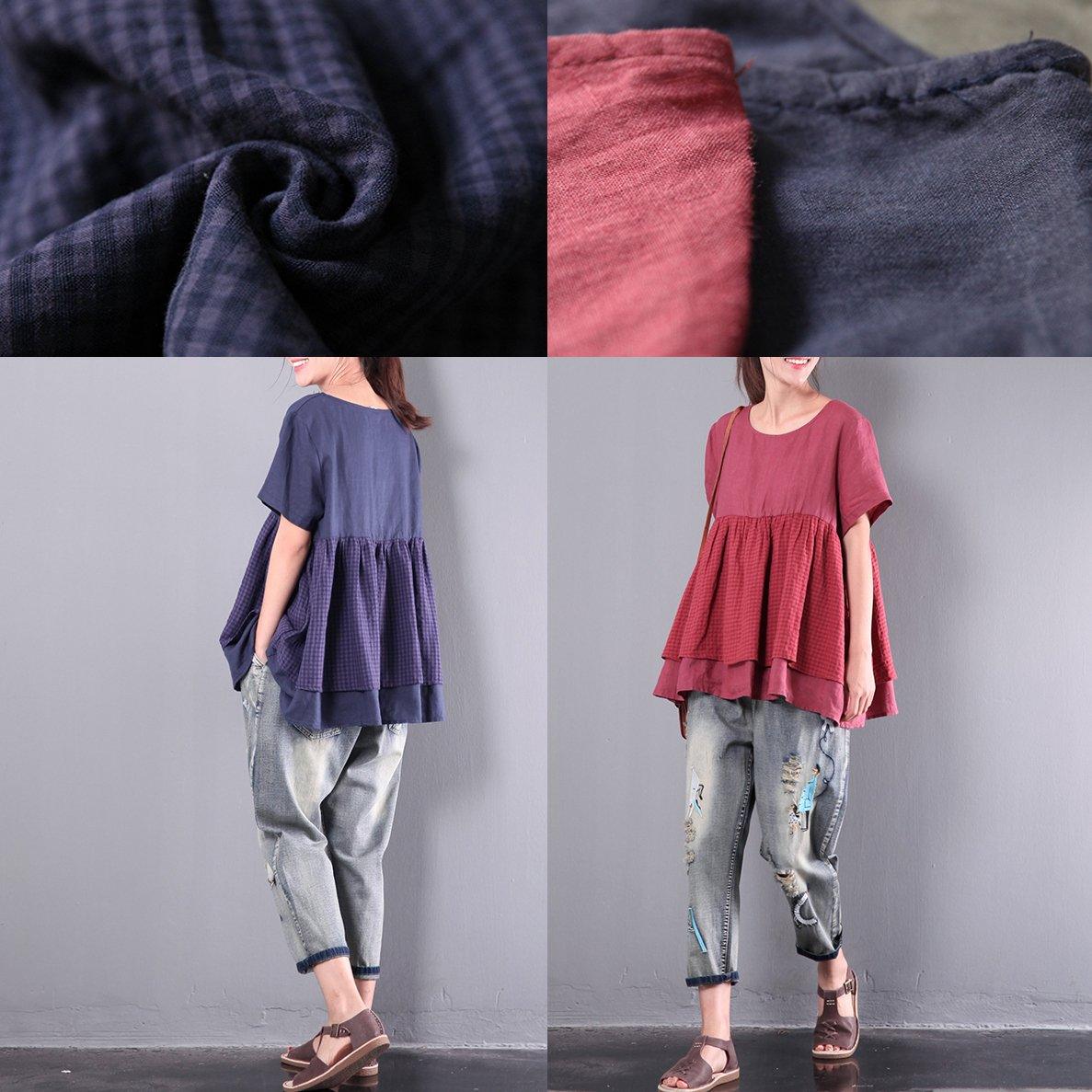 red casual patchwork tops oversize cotton blouse o neck t shirt - Omychic