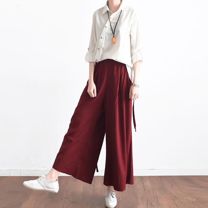 red casual stylish linen pants oversize elastic waist crop pants - Omychic