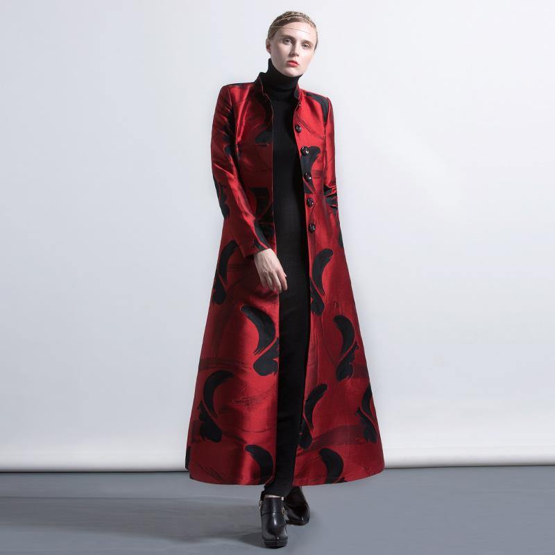 red color black floral European style blended slim fit coats women elegant stand collar jacquard maxi trench coat - Omychic