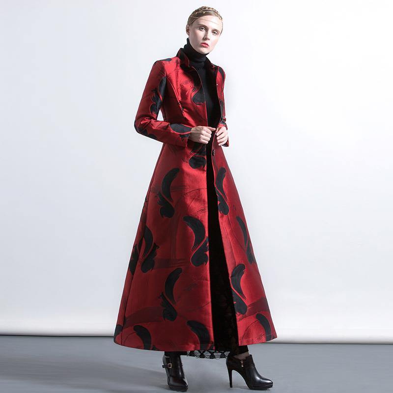 red color black floral European style blended slim fit coats women elegant stand collar jacquard maxi trench coat - Omychic