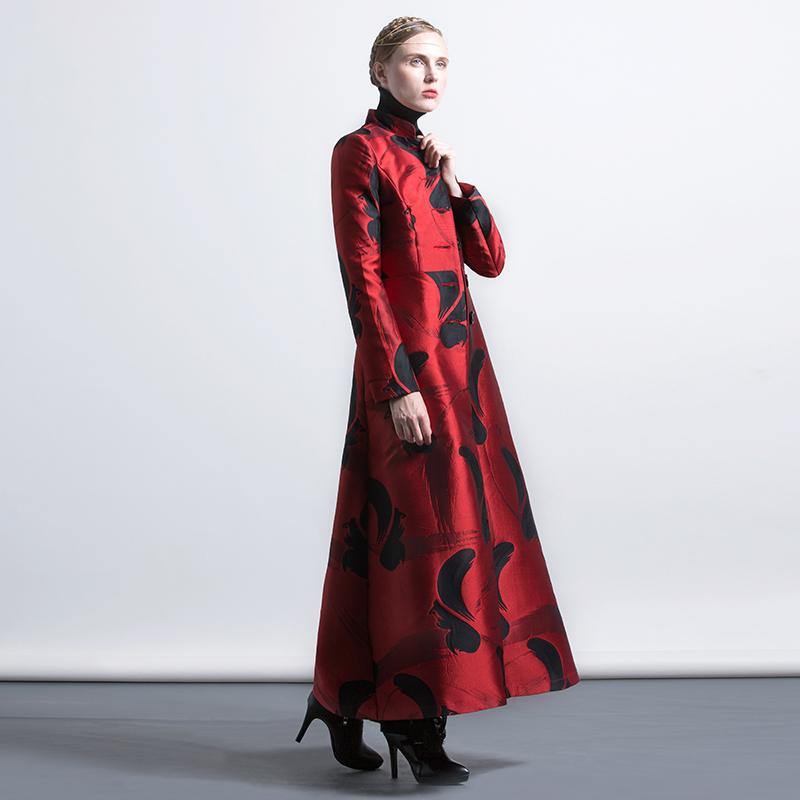 red color black floral European style blended slim fit coats women elegant stand collar jacquard maxi trench coat - Omychic