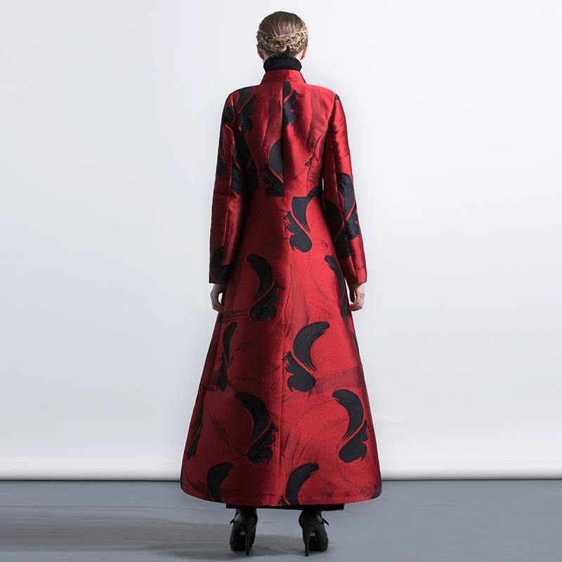 red color black floral European style blended slim fit coats women elegant stand collar jacquard maxi trench coat - Omychic