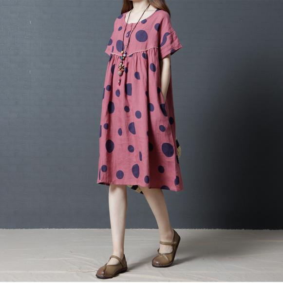 red dotted casual linen summer dresses plus size high waist sundress short sleeve shift dress - Omychic