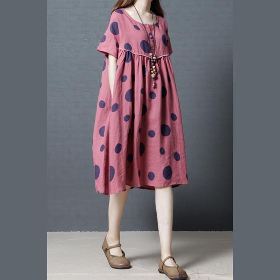 red dotted casual linen summer dresses plus size high waist sundress short sleeve shift dress - Omychic