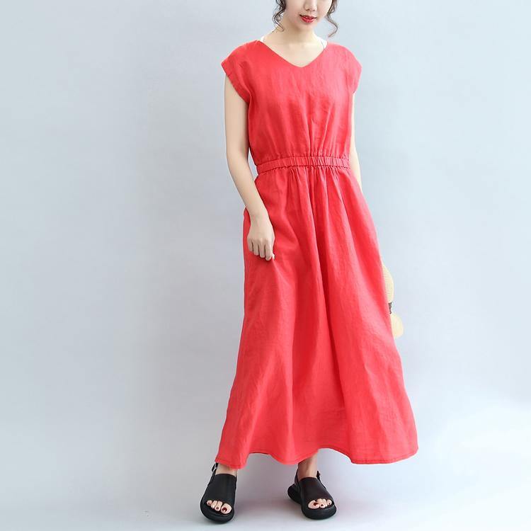 Red Elastic Waist Linen Dresses Loose Casual Sundress Short Sleeve Maxi Dress - Omychic