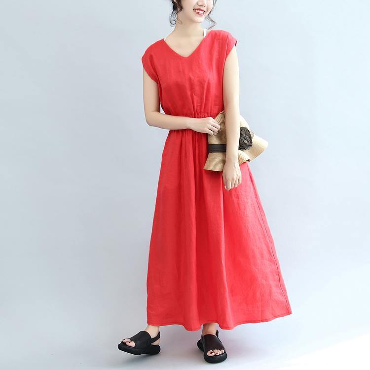Red Elastic Waist Linen Dresses Loose Casual Sundress Short Sleeve Maxi Dress - Omychic