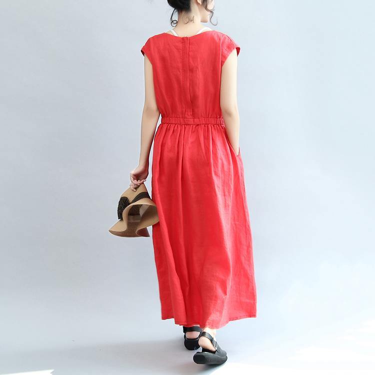 Red Elastic Waist Linen Dresses Loose Casual Sundress Short Sleeve Maxi Dress - Omychic