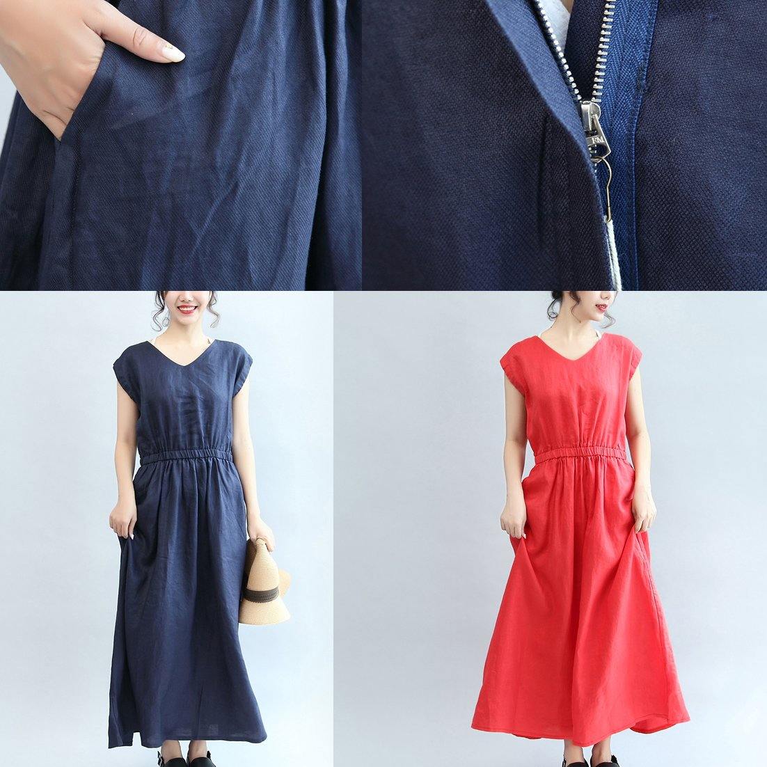 Red Elastic Waist Linen Dresses Loose Casual Sundress Short Sleeve Maxi Dress - Omychic