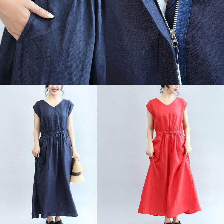 Red Elastic Waist Linen Dresses Loose Casual Sundress Short Sleeve Maxi Dress - Omychic