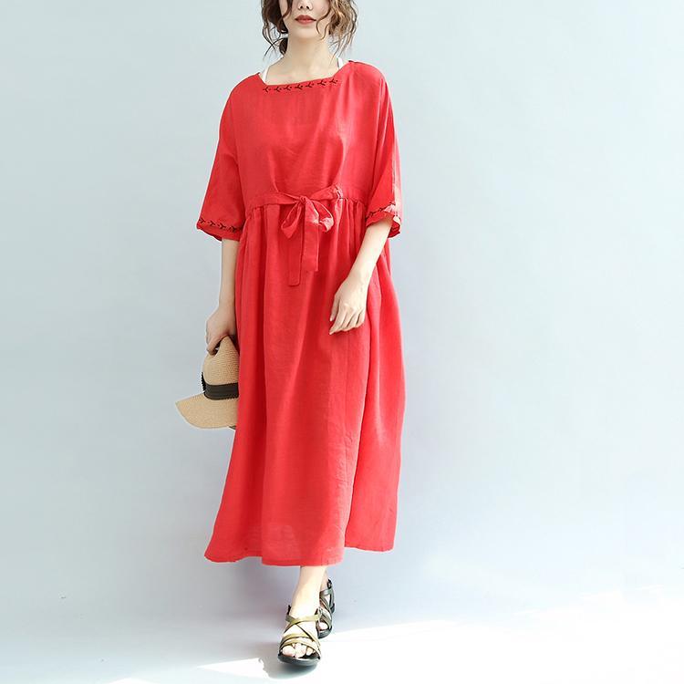 red embroidery linen dresses plus size casual sundress drawstring half sleeve maxi dress - Omychic