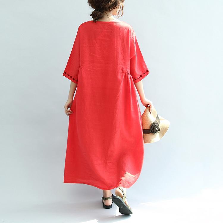 red embroidery linen dresses plus size casual sundress drawstring half sleeve maxi dress - Omychic