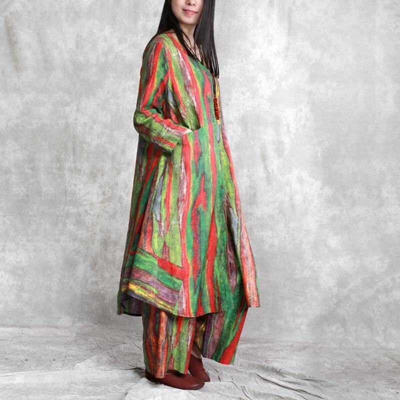 red green asymmetric striped  linen prints v neck long shirt and casual wide leg pants two pieces - Omychic