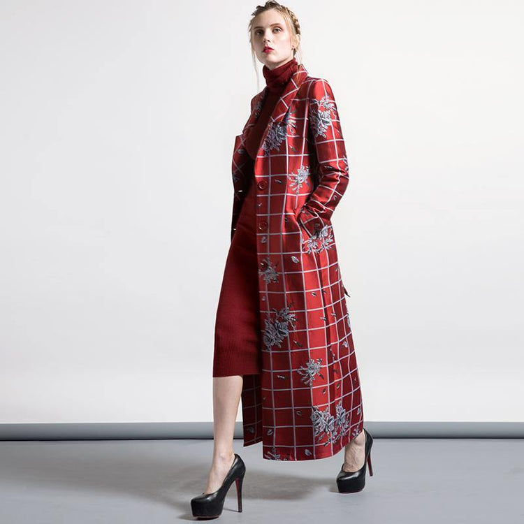 red jacquard gird cotton blended trench coats tie waist lapel collar winter outfits - Omychic