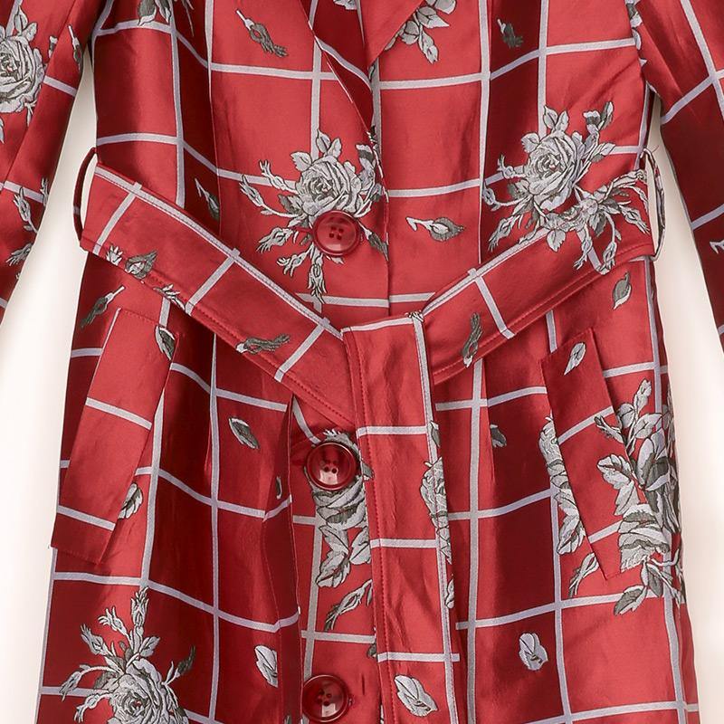 red jacquard gird cotton blended trench coats tie waist lapel collar winter outfits - Omychic