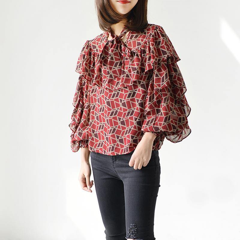 red layered chiffon tops blouse casual chiffon summer shirts short - Omychic