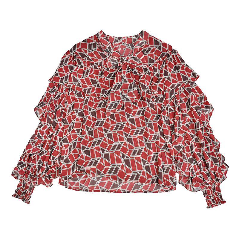 red layered chiffon tops blouse casual chiffon summer shirts short - Omychic