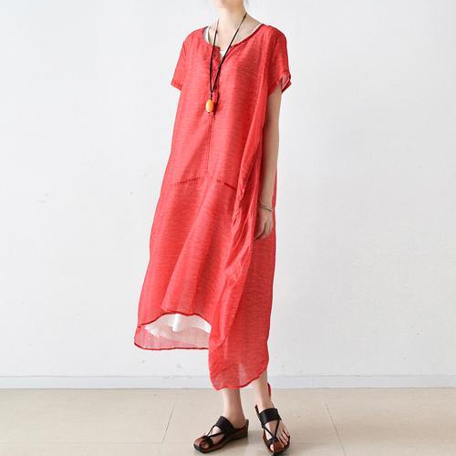 red long linen dress Loose fitting patchwork silk gown 2018 asymmetrical hem linen clothing dresses - Omychic