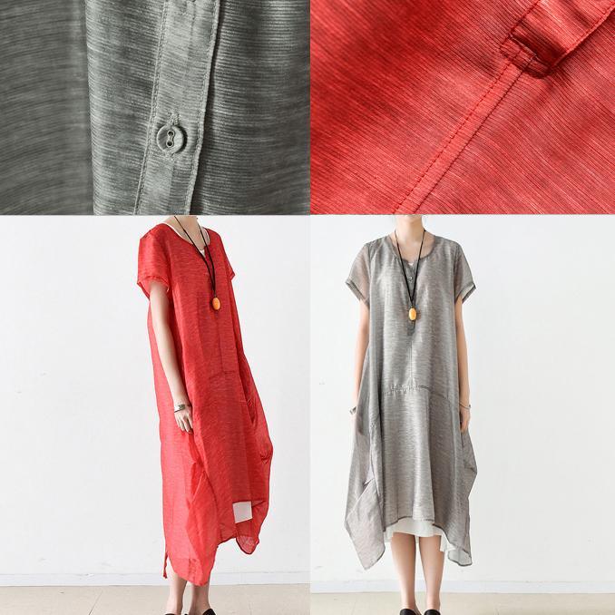 red long linen dress Loose fitting patchwork silk gown 2018 asymmetrical hem linen clothing dresses - Omychic