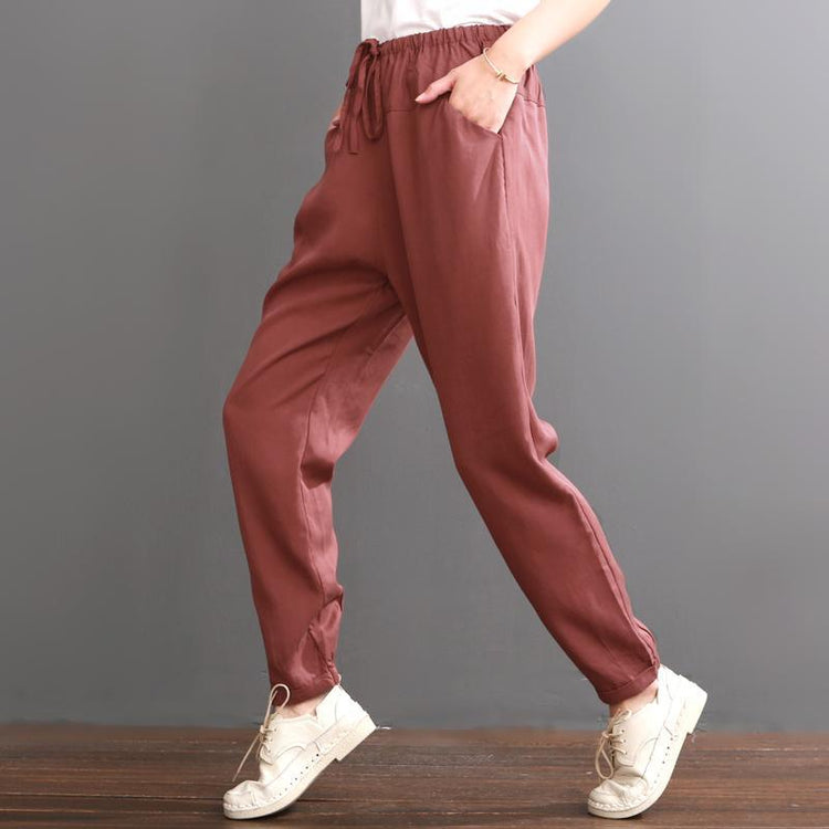 red pants burgundy silk crop pants - Omychic