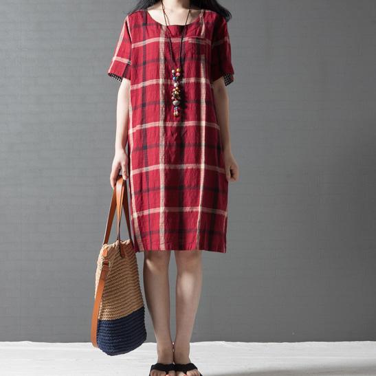 red plaid vintage linen sundress oversize casual dress o neck shift dress - Omychic