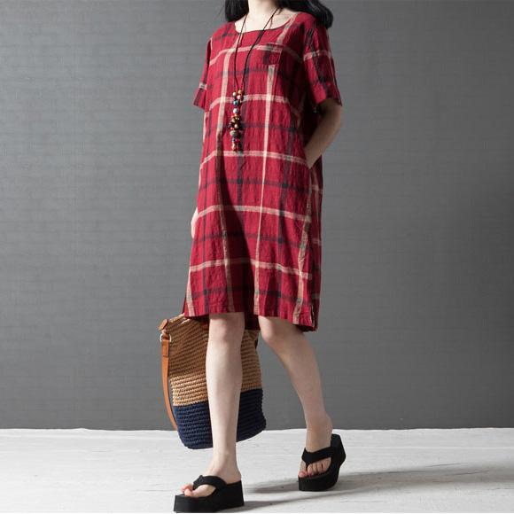 red plaid vintage linen sundress oversize casual dress o neck shift dress - Omychic