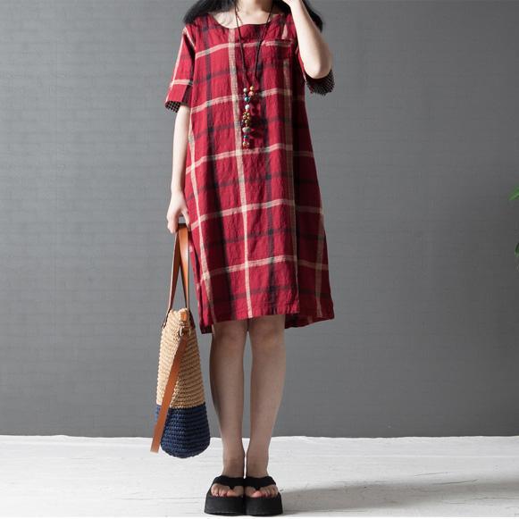 red plaid vintage linen sundress oversize casual dress o neck shift dress - Omychic