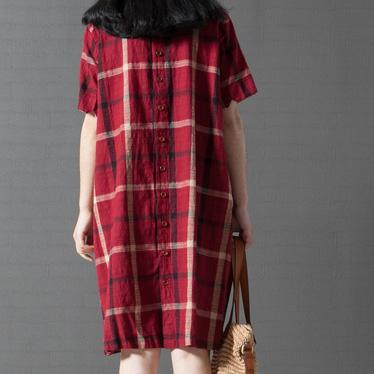 red plaid vintage linen sundress oversize casual dress o neck shift dress - Omychic