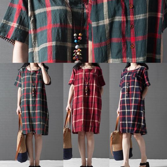 red plaid vintage linen sundress oversize casual dress o neck shift dress - Omychic