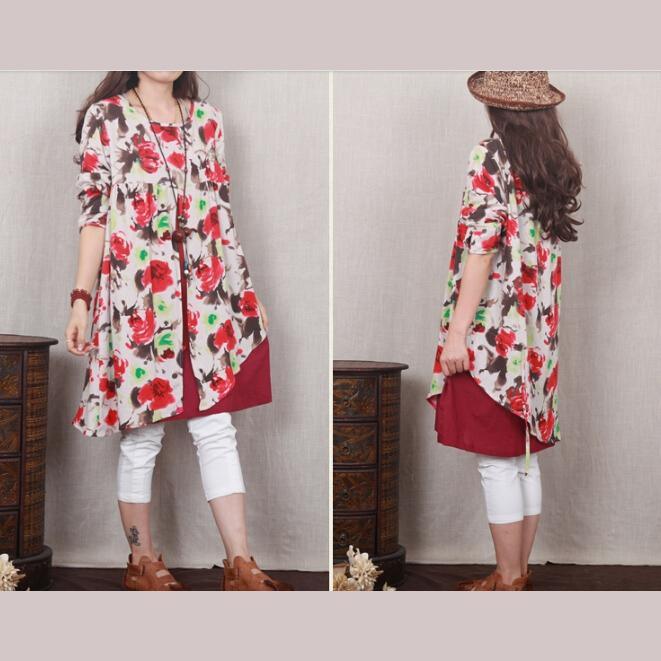 red poppy oversize linen summer dress handmade layered cotton sundress - Omychic
